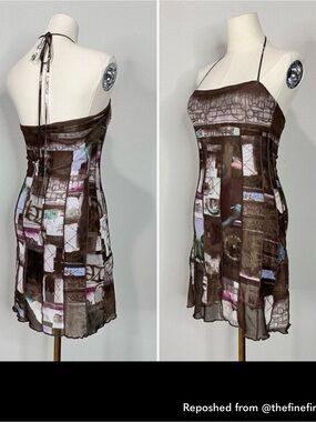Sheer Printed Halter Mini Dress in Brown